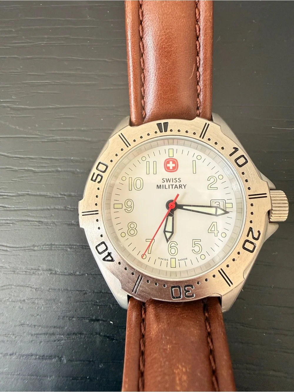 Swiss Military Brown Leather-Strap Men's Watch with Silver Case